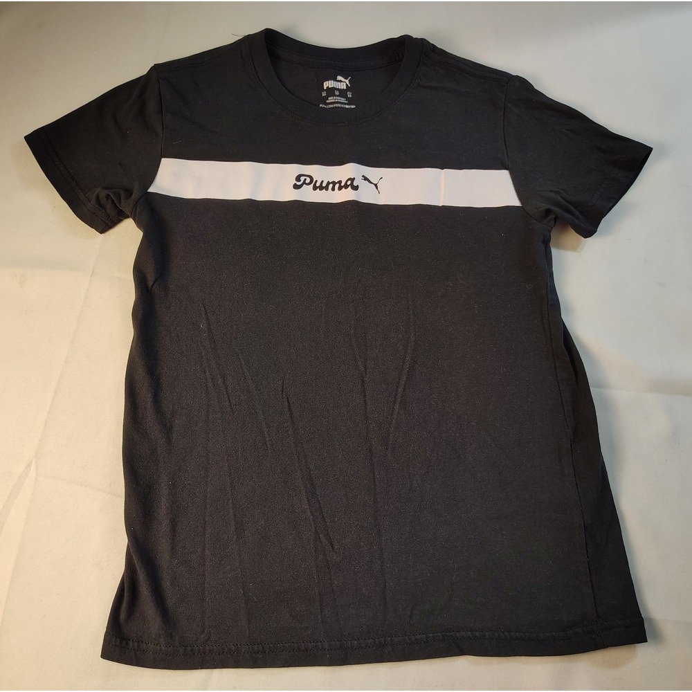 Puma Mens XS Black Graphic T-Shirt Short Sleeve Crew Neck Contrast Stripe Cotton